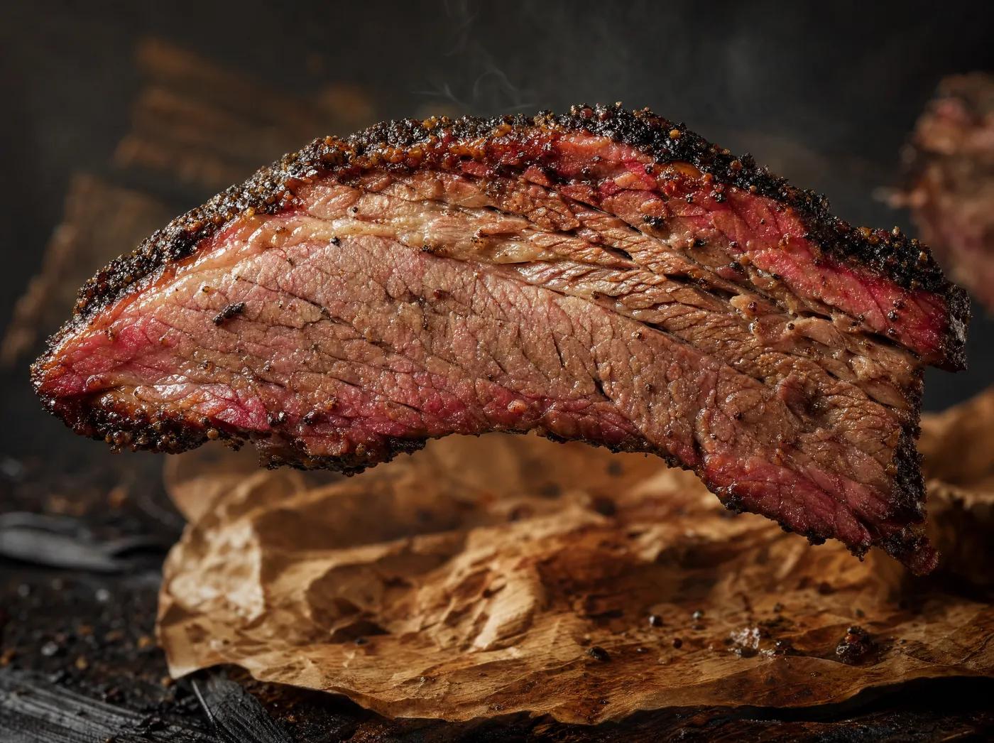 Close-up of a brisket slice showing the smoke ring