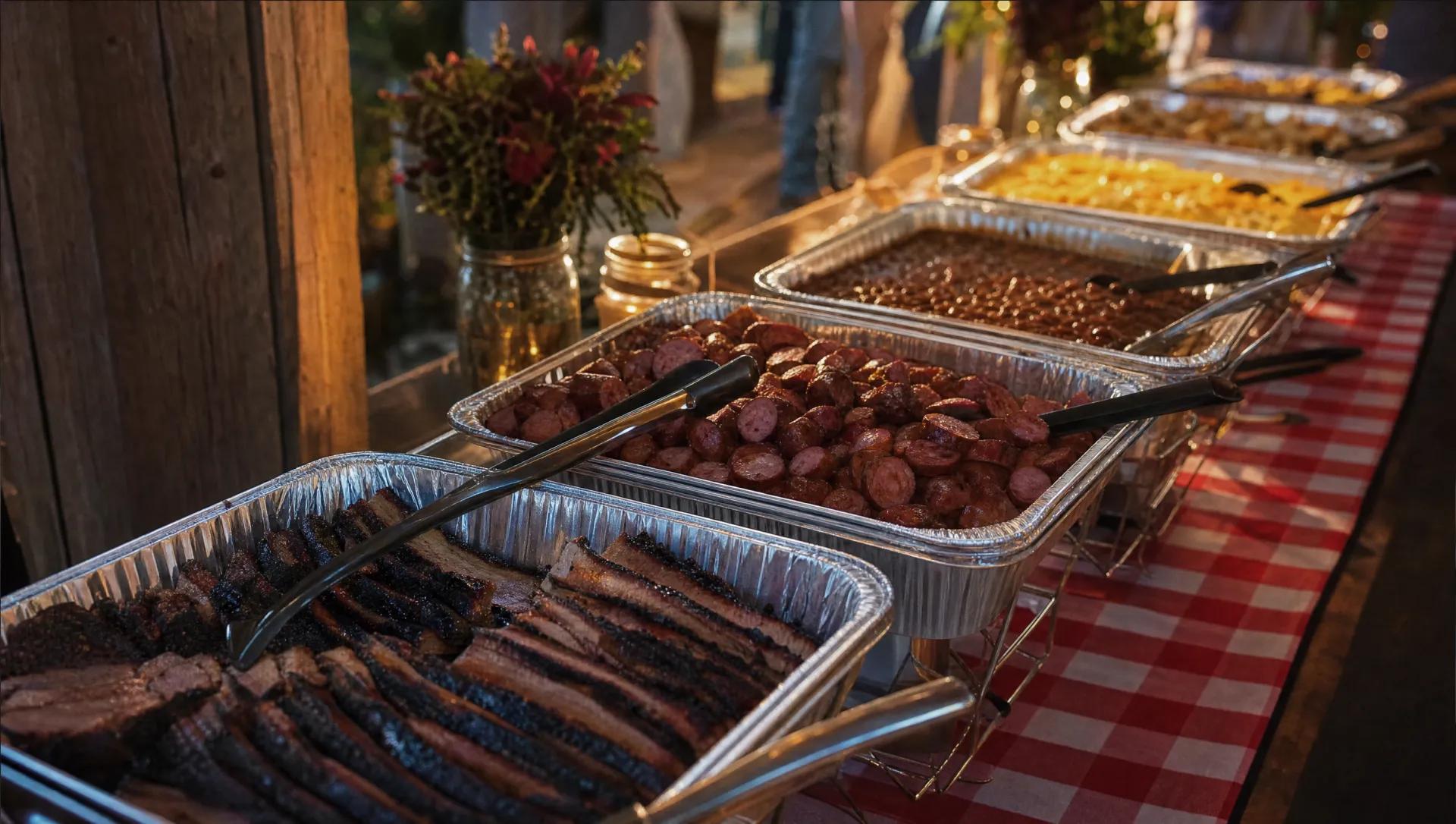 Catering buffet line with trays of smoked meats and sides