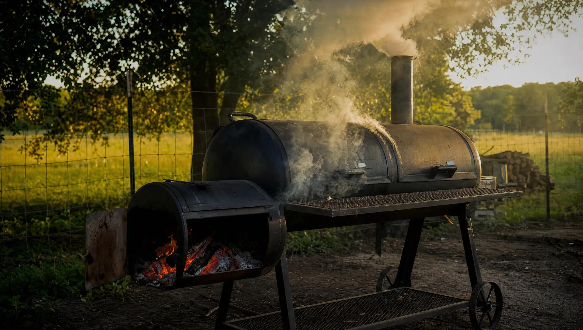 Offset smoker rolling post-oak smoke behind the truck