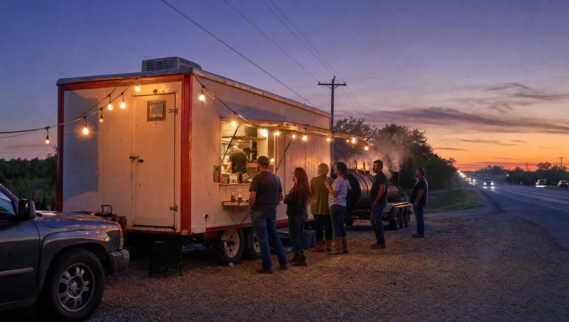 The One's BBQ food trailer at dusk on State Hwy 78 in Lavon, Texas