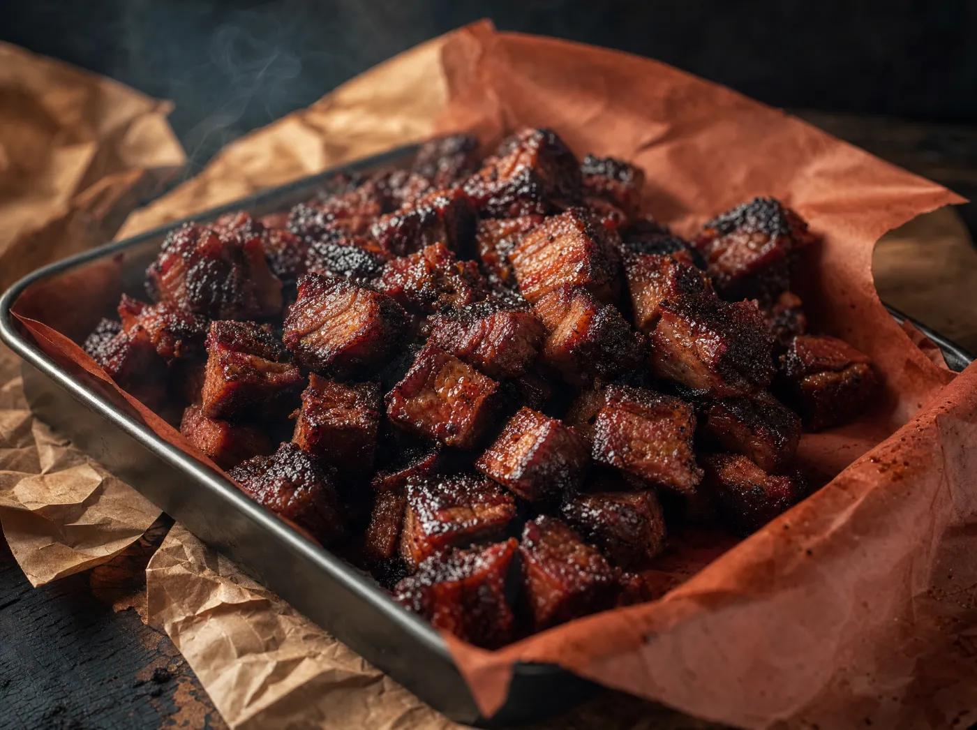 Caramelized brisket burnt ends in a tray
