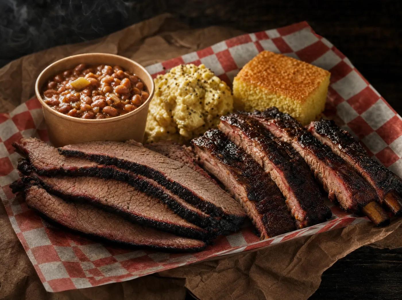 Two-meat plate with brisket, ribs, beans, potato salad and cornbread