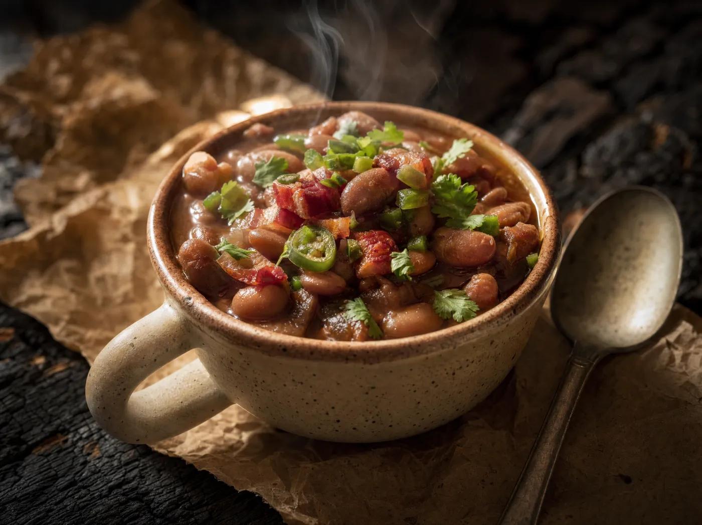 Cup of charro beans with bacon and jalapeño