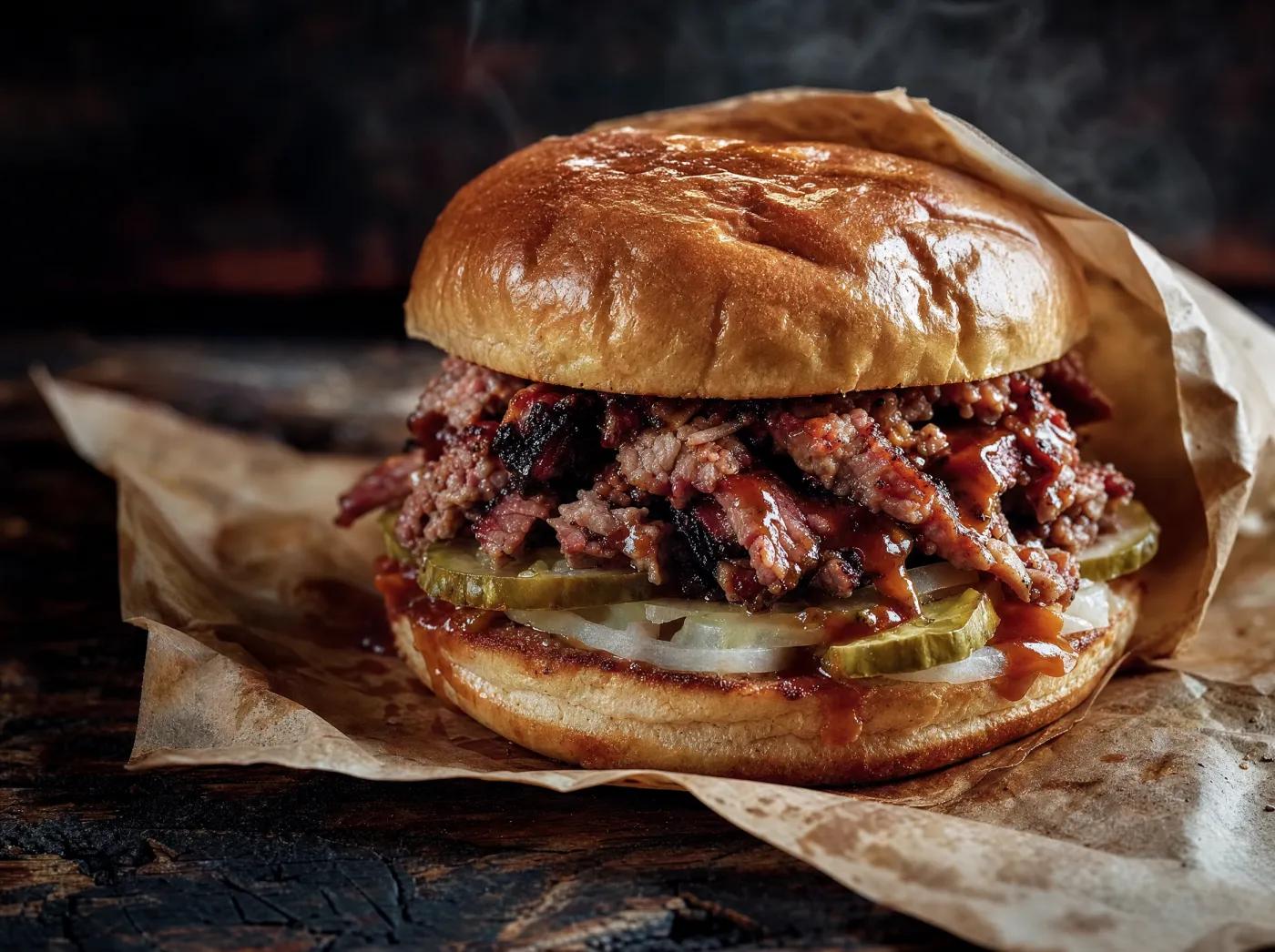 Chopped brisket sandwich with pickles and onions