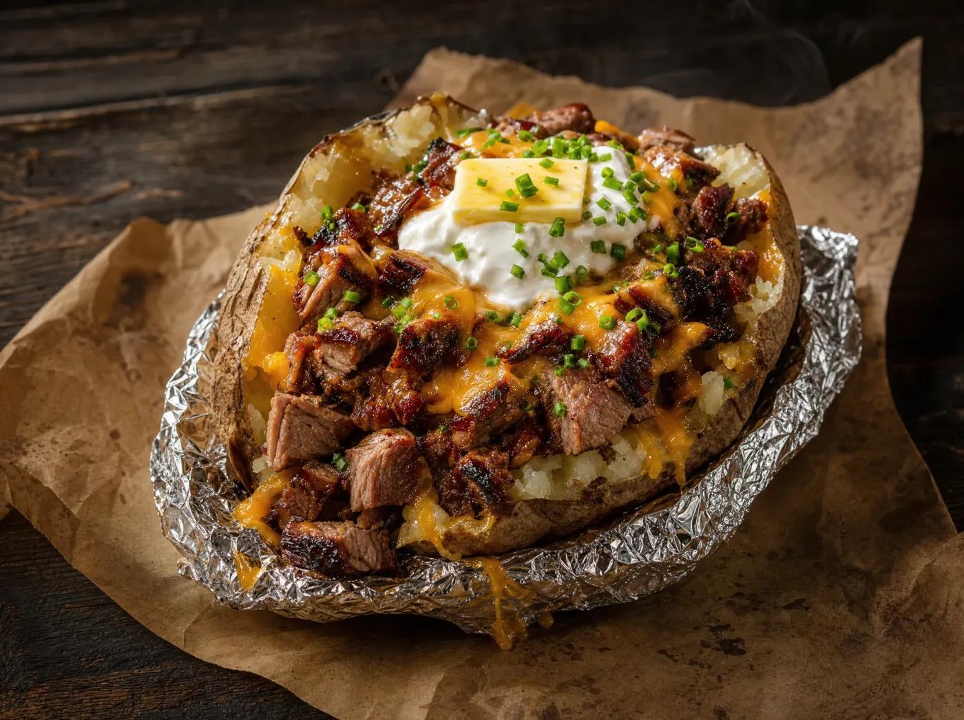 Loaded baked potato stuffed with chopped brisket and cheese