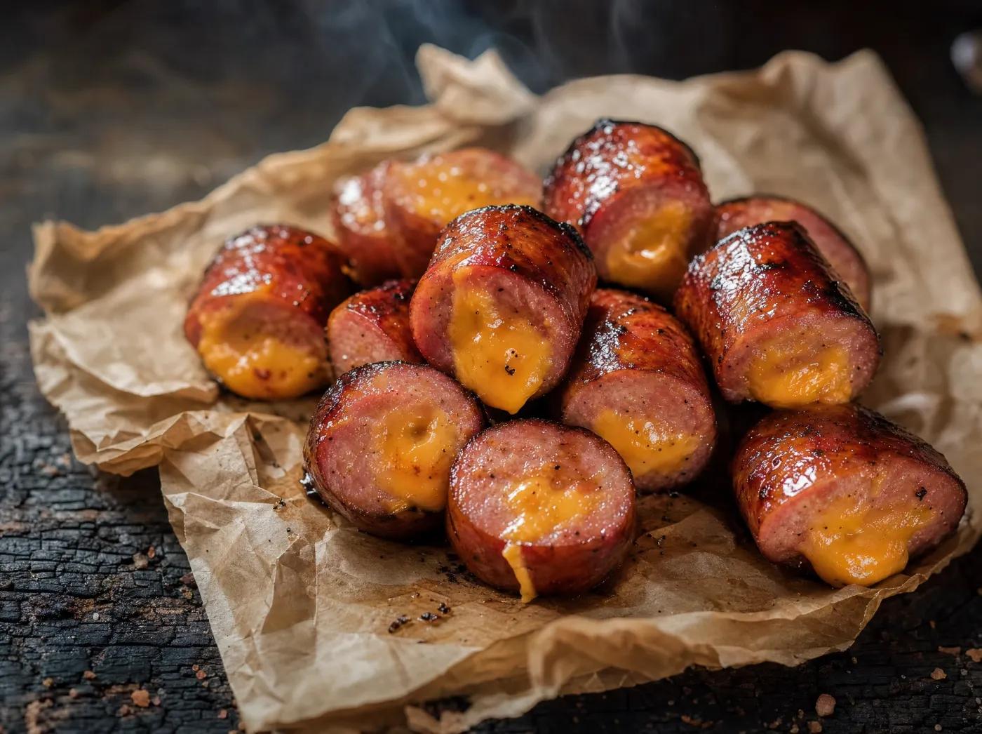 Smoked sausage link stuffed with cheese, sliced on butcher paper