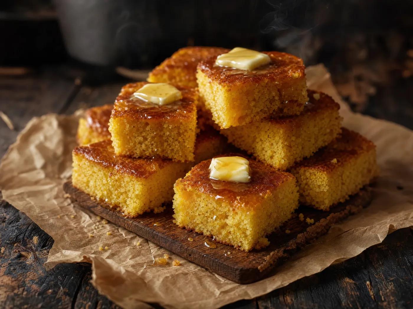Squares of homemade sweet cornbread with honey butter